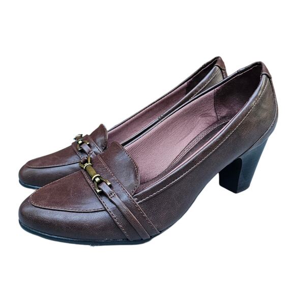Brown Pumps Life Stride Odele Dress Loafer Size 9W Wide Synthetic Buckle Heeled - Picture 3 of 13